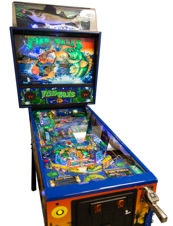 We just landed a BIG one in Detroit! Fish Tales pinball is on the deck and  ready to play — complete with fishing rod plunger and a flop