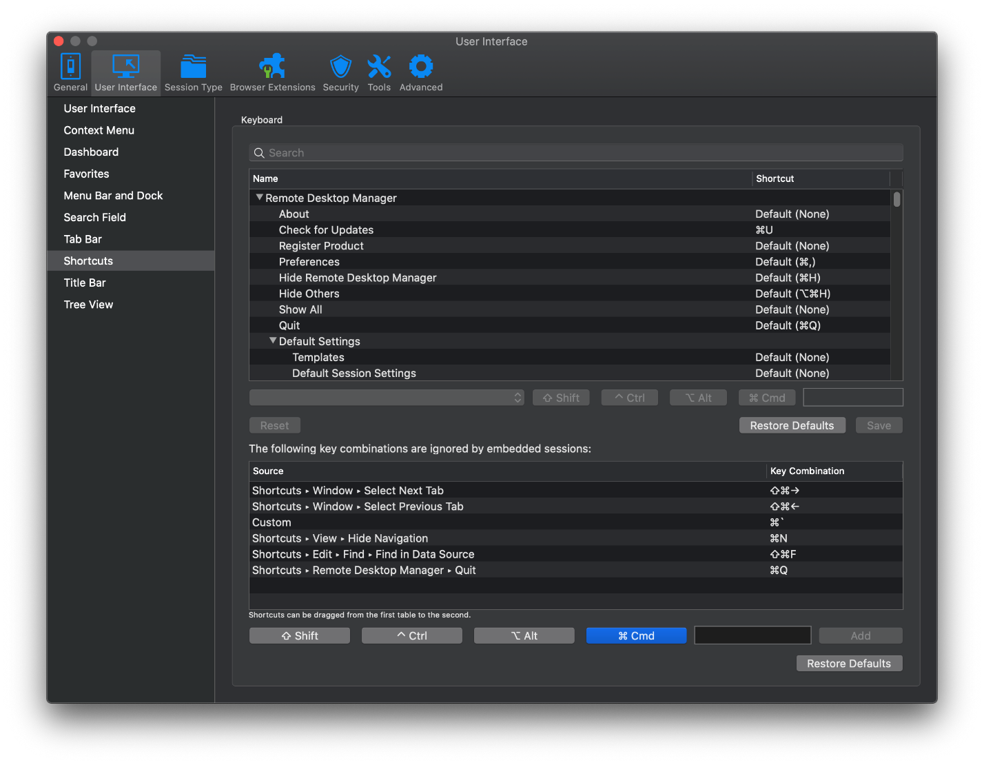 costum-shortcut-remote-desktop-manager for mac