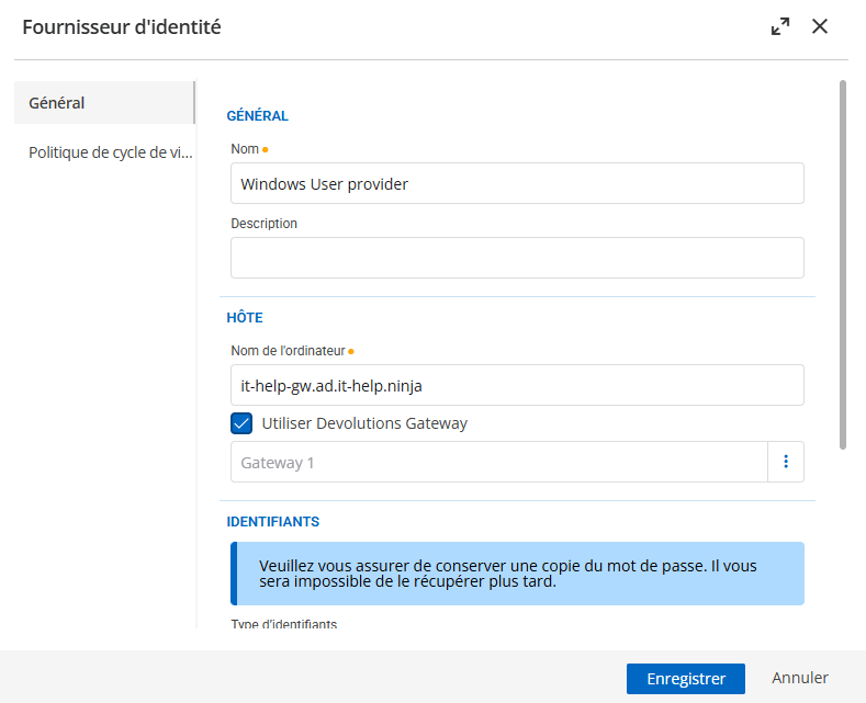 Activation de Devolutions Gateway pour le fournisseur PAM Windows User