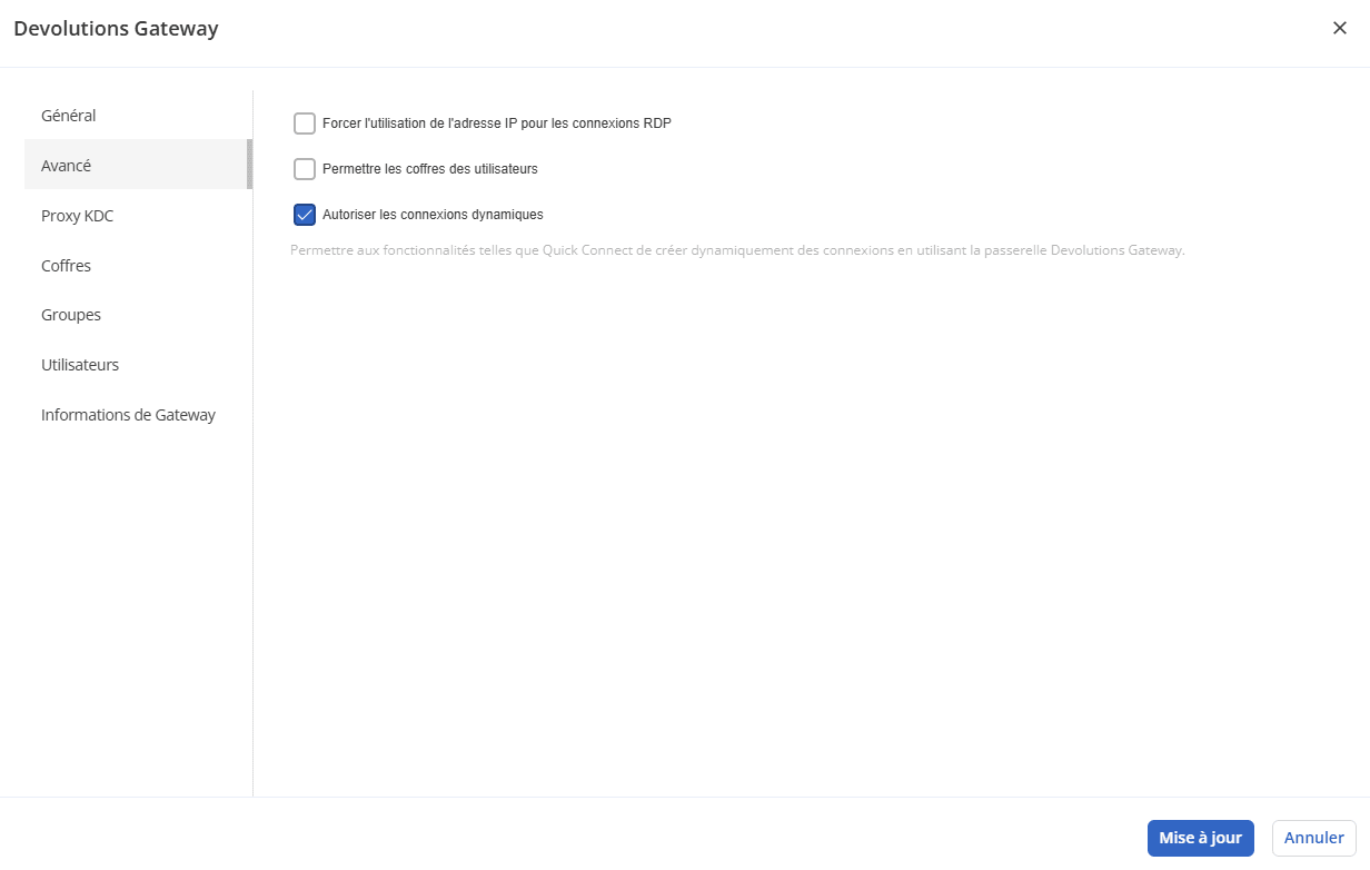 Activation des connexions dynamiques Devolutions Gateway