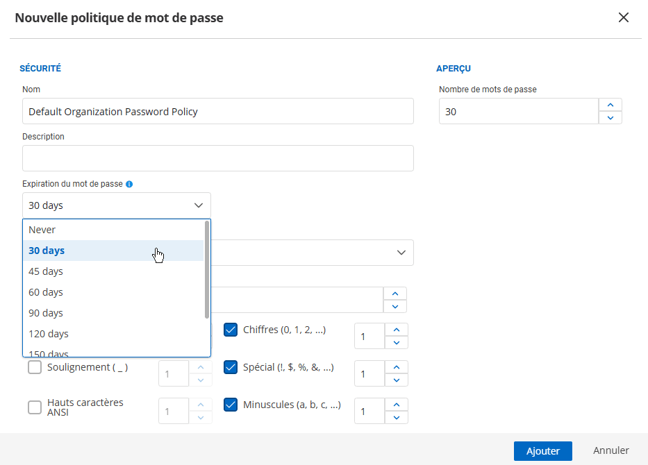 Application des paramètres d’expiration des mots de passe dans une stratégie de mot de passe