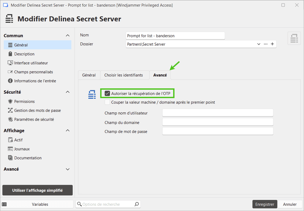 Autoriser la récupération de l'OTP