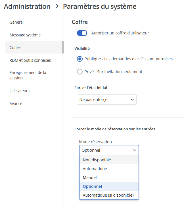 Configuration des modes de réservation