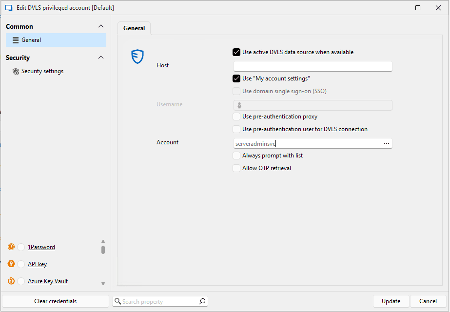 Configure a user-specific privileged account to use the active DVLS data source and user