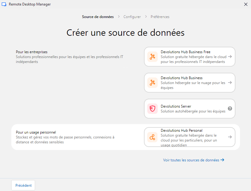 Créer une source de données Hub Business ou Hub Personal directement à partir de RDM