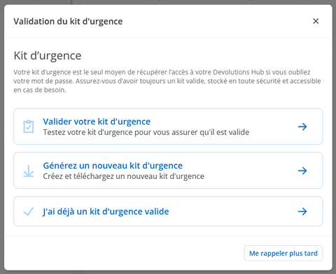 Écran de validation du kit d’urgence