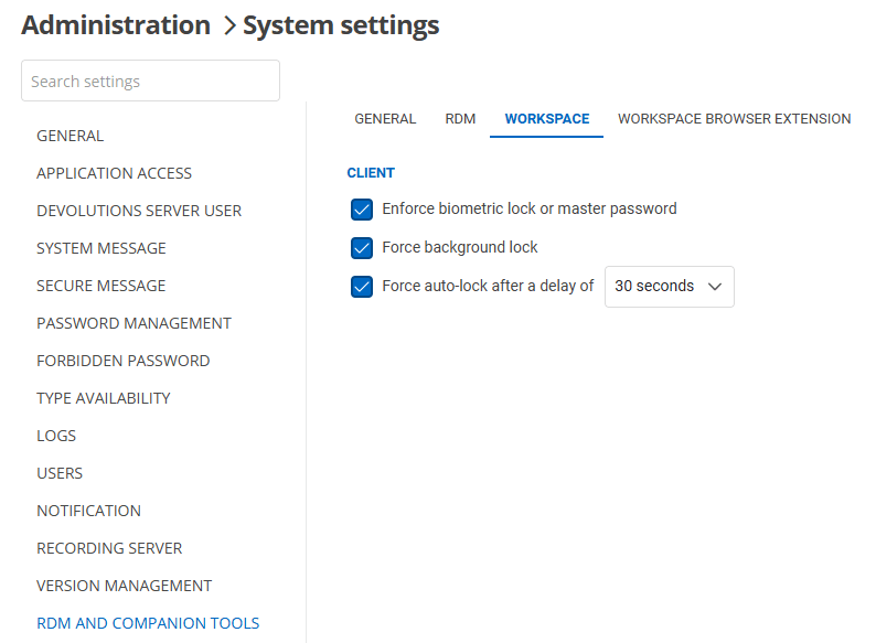 Enforcing a biometric lock or master password in Devolutions Workspace from DVLS