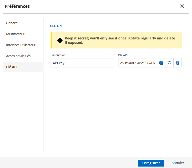 Génération d’une clé API spécifique à l’utilisateur