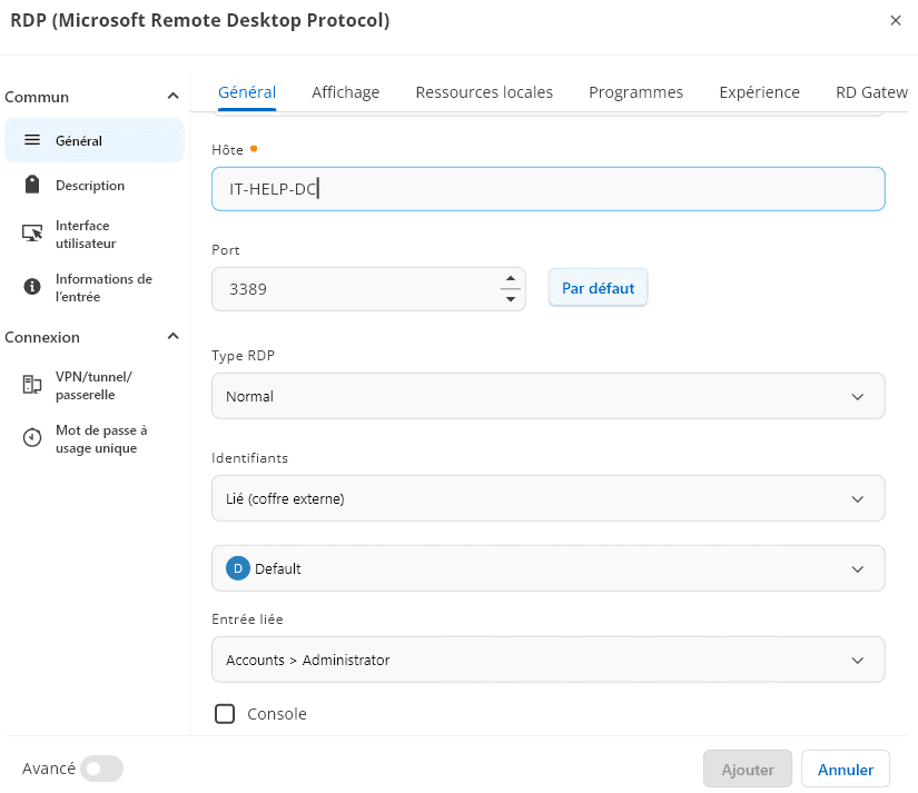 Liaison à un identifiant stocké dans un coffre externe