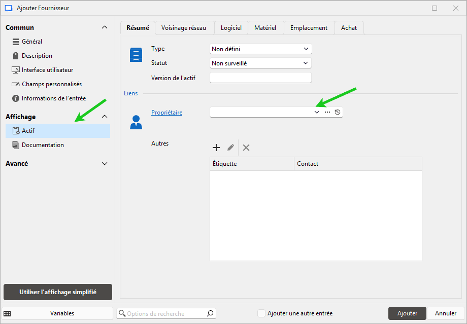 Lier une entrée de contact