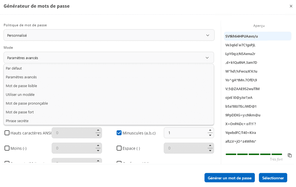 Modes améliorés du générateur de mots de passe
