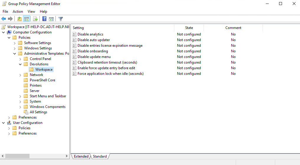 Paramètres de stratégie de groupe pour Workspace