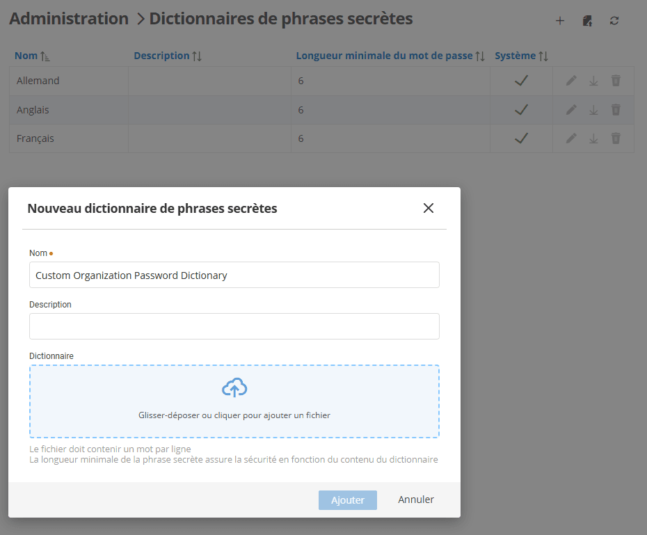 Téléversement d’un dictionnaire personnalisé de phrases de passe