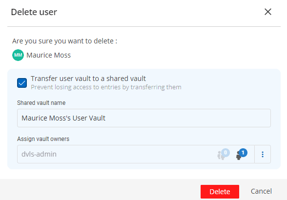 Transferring a user vault to a shared vault when offboarding a user
