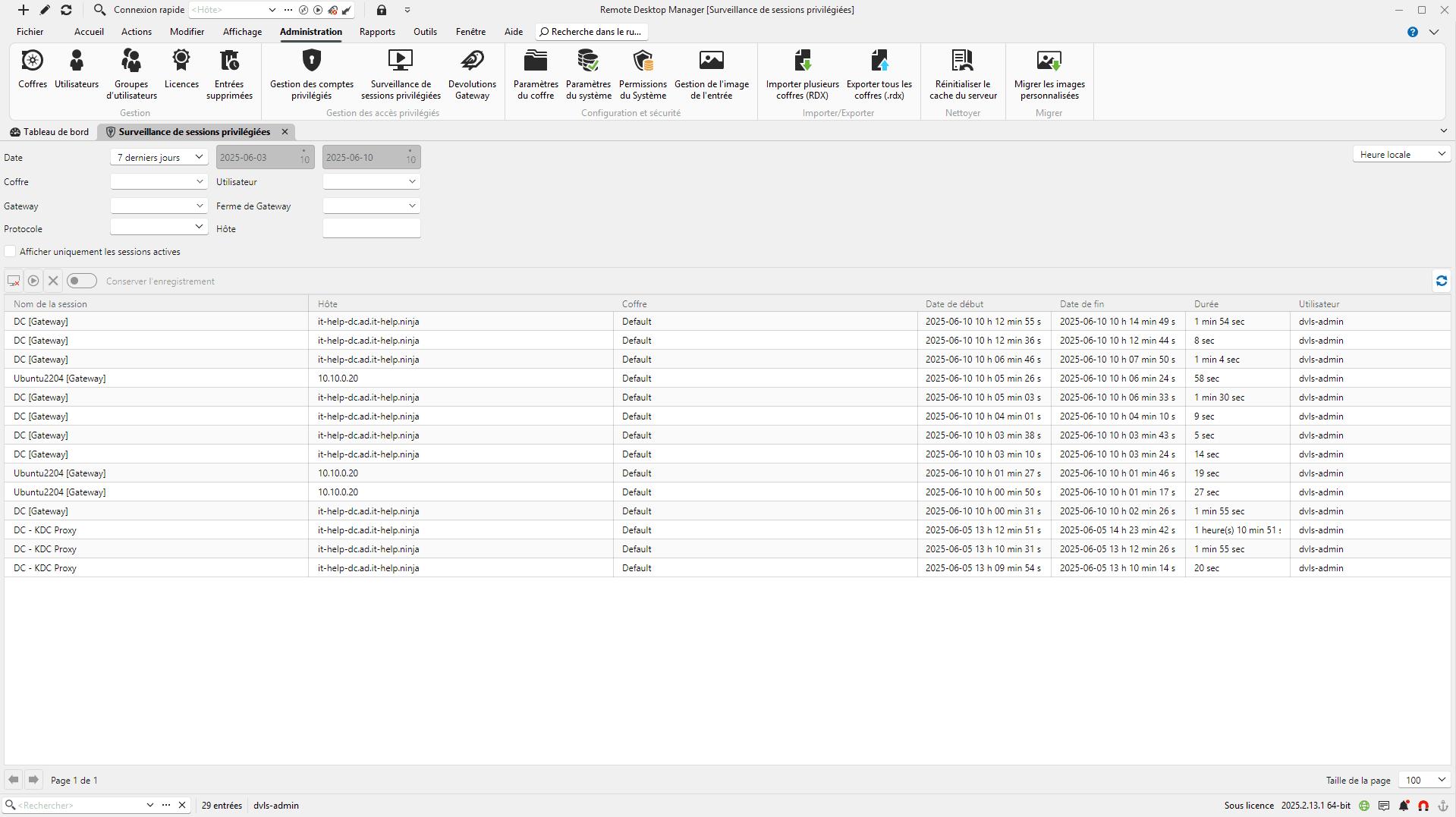 Vue de surveillance des sessions privilégiées dans Remote Desktop Manager