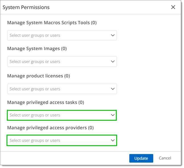 System Permissions – Manage privileged access tasks and Manage privileged access providers