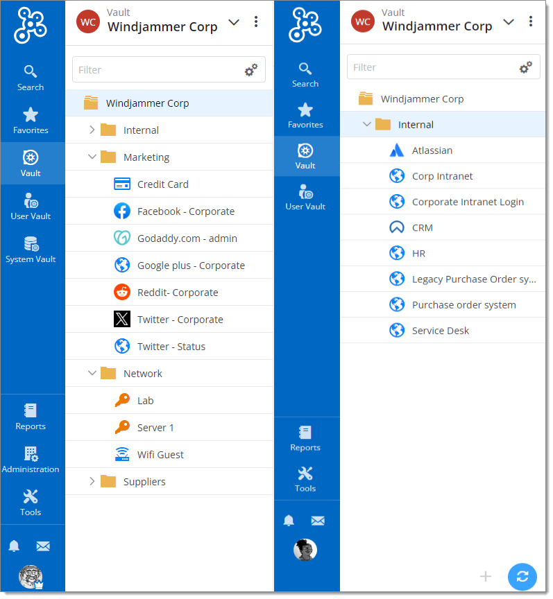 Admin/Manager view on the left, and the user (with reduced access) view on the right