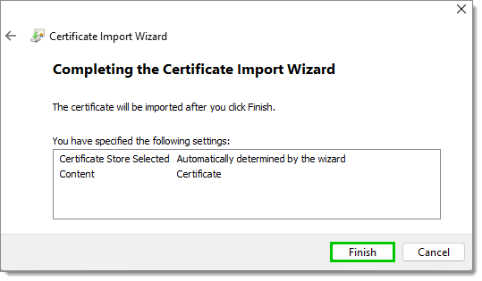 Completing the Certificate Import Wizard window