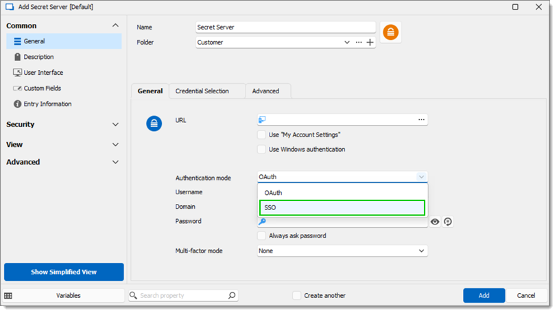 Select SSO in the Authentication mode field