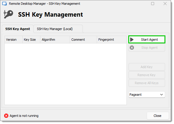 SSH Key Agent tab – Start Agent